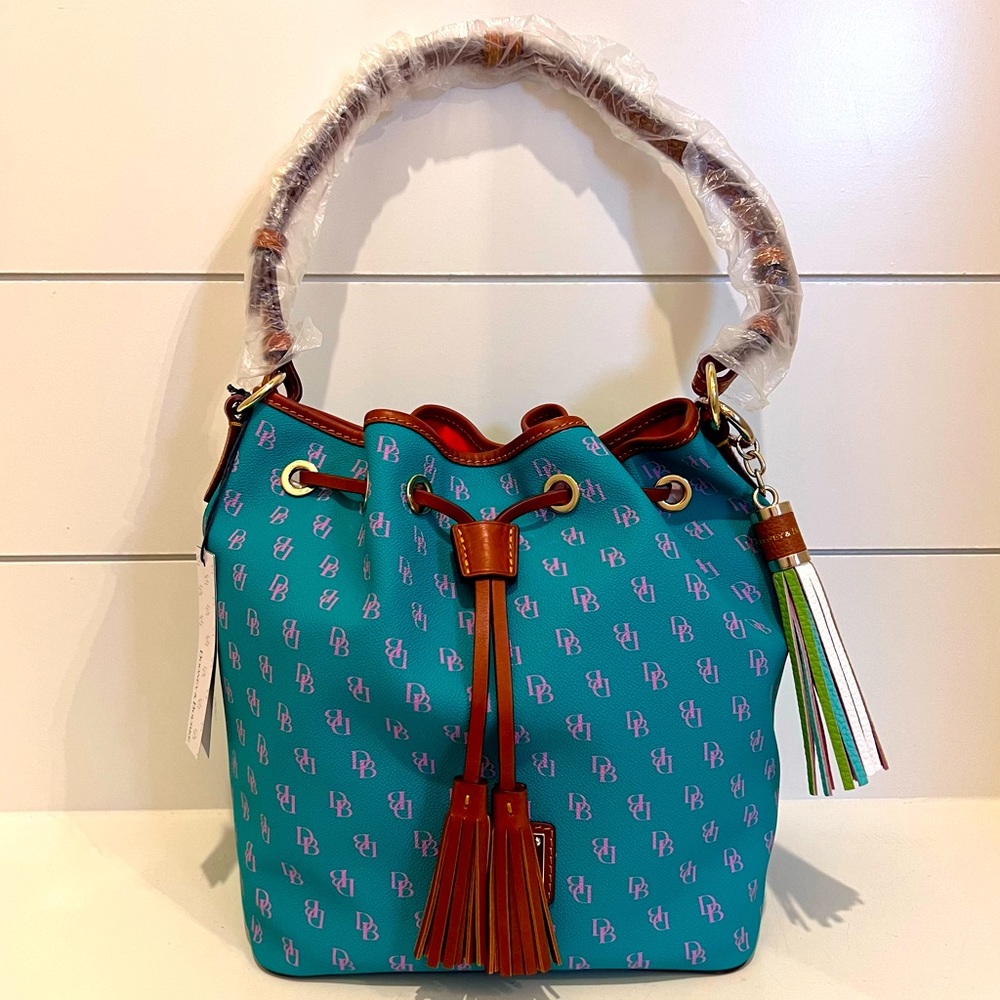 Dooney & Bourke Leather Teal and Purple “Kendall” Bucket Bag 16.5”x11.5” NWT